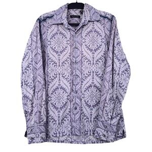 Kenneth Cole New York Mens Button Down Shirt Purple Damask Pattern Long Sleeve M